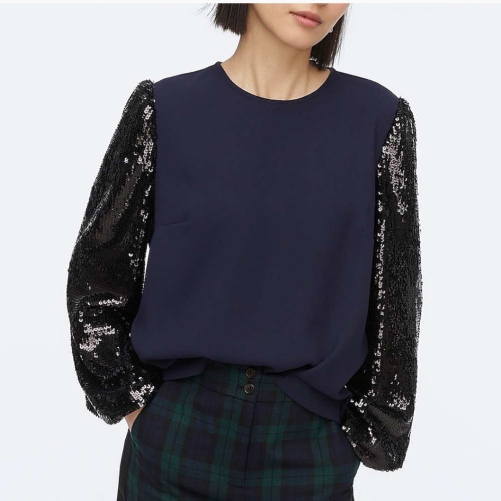 NWT J. Crew Sequin-Sleeve Crepe Blouse